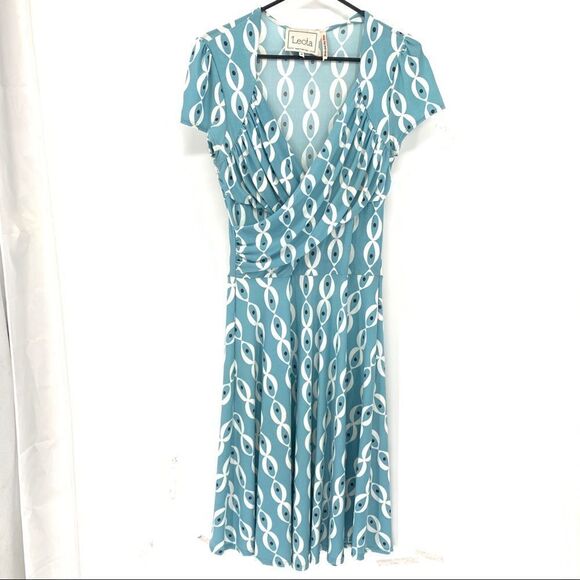 Leota Maternity Jersey Knit Geo Print Cap Sleeve Faux Wrap Dress M - Picture 1 of 10